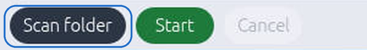 Zoomed view of the GeoConveyor toolbar showing the Scan folder button highlighted, next to the green Start button